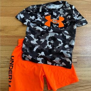 Under Armour Black & Gray Camo Tee with Bright Orange Logo and Orange Shorts